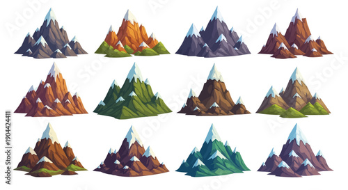 Twelve different stylized snowy mountain icons perfect for game assets collection design