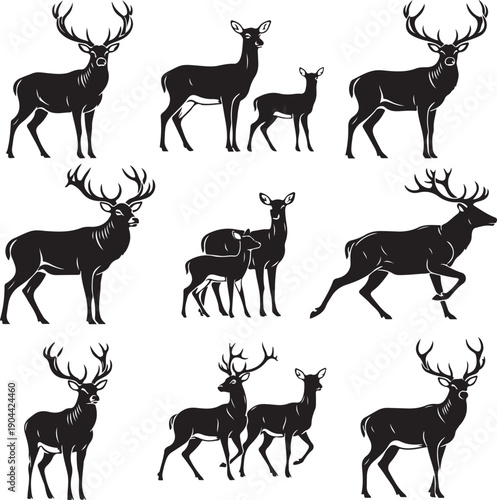 Collection of deer and buck silhouettes in various poses