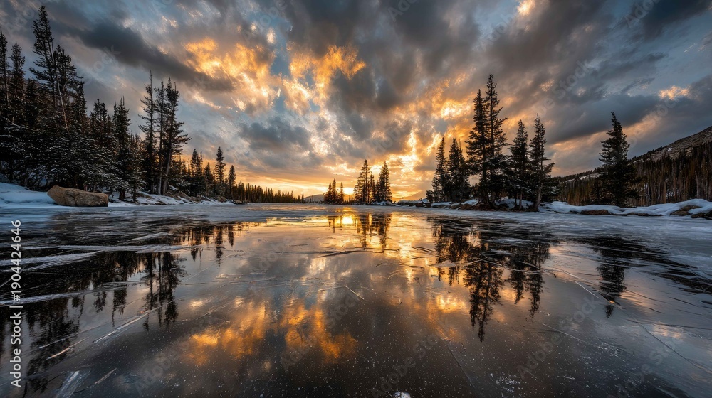 Obraz premium Stunning Sunset Over Frozen Lake with Reflections and Clouds