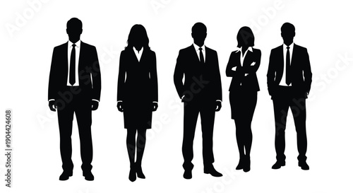 Group silhouette portrait of five diverse business professionals standing together against a white background