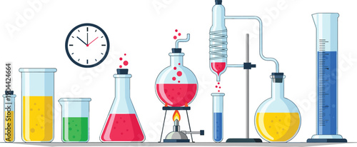 Chemistry Laboratory Glassware Set Featuring Beakers Flasks Test Tubes and Bunsen Burner with Colorful Chemical Solutions for Science Research Education and Pharmaceutical Experiment Design