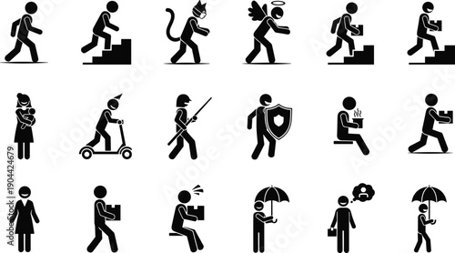 Large Collection of Stick Figure Icons Featuring People Walking Climbing Stairs Carrying Boxes Wearing Costumes Using Umbrellas and Riding Scooters for Infographic Design Projects