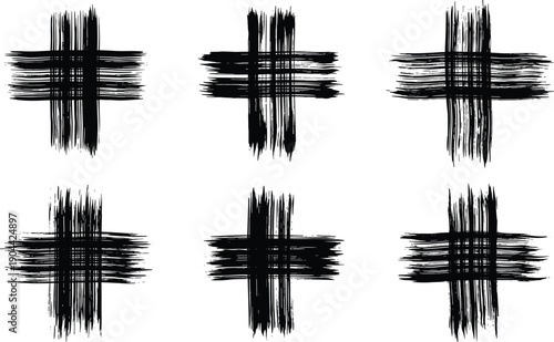 Set of Six Grunge Cross Symbols Featuring Rough Hand Drawn Black Ink Brush Strokes and Edgy Textured Lines Isolated on White Background for Graphic Design