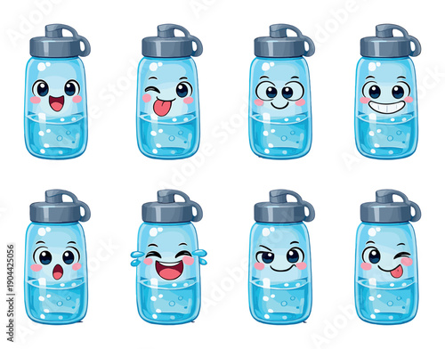 Set of eight cute cartoon water bottles with various expressions