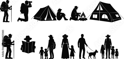 Large Silhouette Collection of People Engaging in Outdoor Activities, Camping, Hiking, Kayaking, Biking, Picnics, and Family Bonding in Nature, flavector