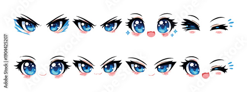 Cartoon blue eyed expressions featuring various animated styles and moods