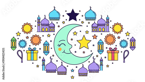 A serene crescent moon surrounded by festive mosques, stars, and gifts in a celebratory arrangement
