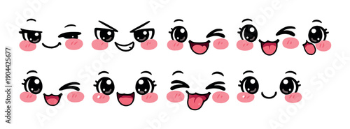 Cute kawaii expressions with blushing cheeks and cartoon eyes in various emotions