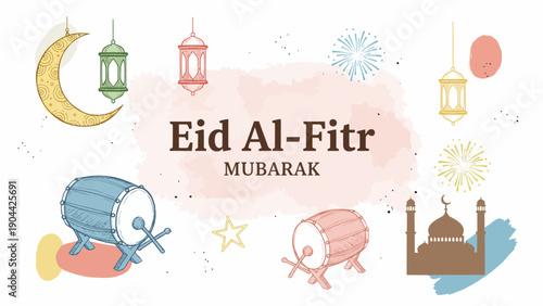 Celebration of Eid Al-Fitr with festive decorations and traditional elements in a vibrant cultural scene