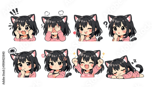 Cute anime girl with cat ears expressing various emotions in pink outfit