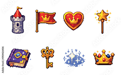 Pixel art magic icons: castle, heart, wand, book, key, star, crown, flag