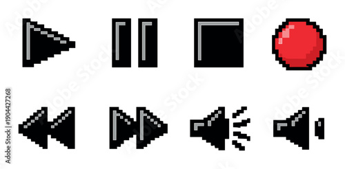Pixelated media control icons: play, pause, stop, record, rewind, fast forward, volume