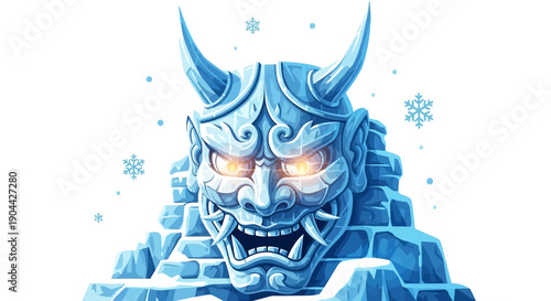 Illustration of a blue oni mask made of ice and snow with glowing eyes, surrounded by snowflakes on a white background, symbolizing the Sapporo Snow Festival.