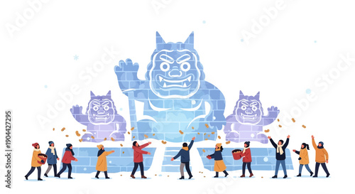 Vector illustration of people celebrating at the Sapporo Snow Festival with ice sculptures of monsters and snow castles in a joyful winter scene.