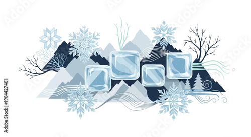 Illustration of snow sculptures and ice buildings at a winter festival with people, featuring snowflakes and trees in a cold, celebratory scene.