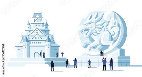 Vector illustration of people admiring snow sculptures and buildings at the Sapporo Snow Festival in Japan, with a mix of happy men, women, and a child in winter attire.