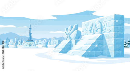 Vector illustration of ice sculptures at the Sapporo Snow Festival in Japan with people enjoying the winter celebration.