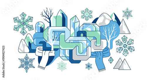 Illustration of ice sculptures and snowflakes in shades of blue and green with a maze-like design on a white background.