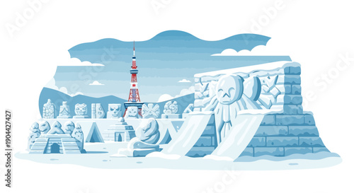 Vector illustration of people enjoying Sapporo Snow Festival with ice sculptures and snow buildings in a cold winter scene.