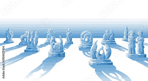 Ice sculptures of people and animals on display at a snowy festival with a cold and celebratory atmosphere in Sapporo, Japan.