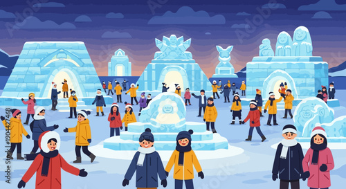 Illustration of people enjoying Sapporo Snow Festival with ice sculptures in Japan, featuring snow castles and buildings in a cold winter scene with happy crowd.