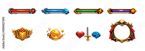 Colorful rpg game icons and progress bars with fantasy elements