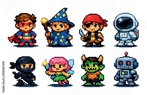 Colorful pixel art characters featuring fantasy and sci-fi themes