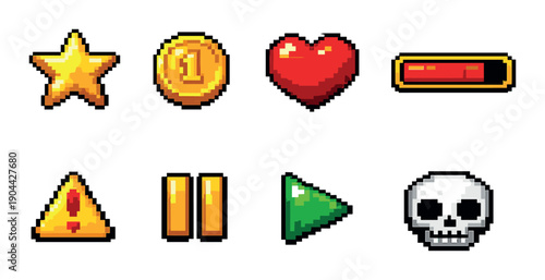 Pixelated game icons: star, coin, heart, health bar, warning, pause, play, skull