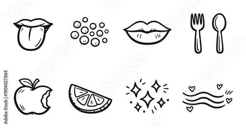 Minimalistic icons of lips, food, and utensils on dark background