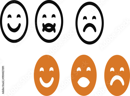 Smilet face icon. Cute smiley face and star character set in flat orange style. Playful emoji-like expressions perfect for kids designs, stickers, or cheerful branding. PNG format.