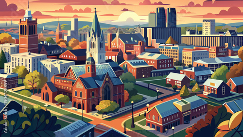Very beautiful aerial view of downtown New Haven showcasing historic churches, Yale University buildings, and an organized urban layout that blends academic heritage with modern city life.