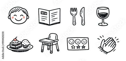 Simple doodle icons: smiling face, menu, cutlery, wine, dessert, high chair, rating, clapping