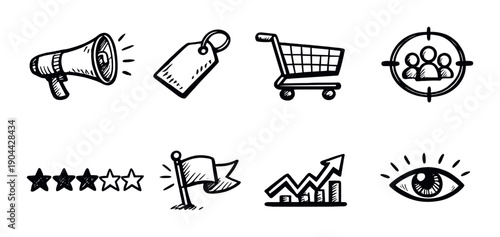 Hand-drawn marketing icons set: megaphone, cart, target, rating, flag, chart, eye