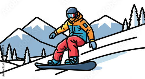 Snowboarder Carving Down Snowy Mountain Slope Action Illustration