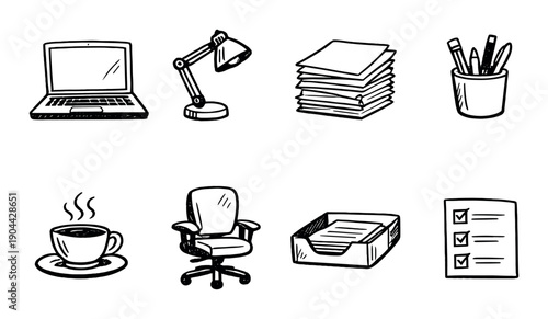 Hand-drawn office icons: laptop, lamp, papers, stationery, coffee, chair, organizer, checklist