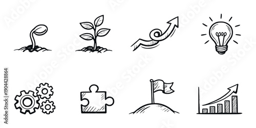 Hand-drawn growth concepts with seedling, gears, puzzle, flag, graph, light bulb