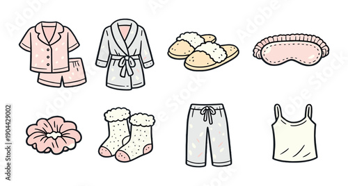 Cozy sleepwear collection featuring pajamas, robe, slippers, and accessories