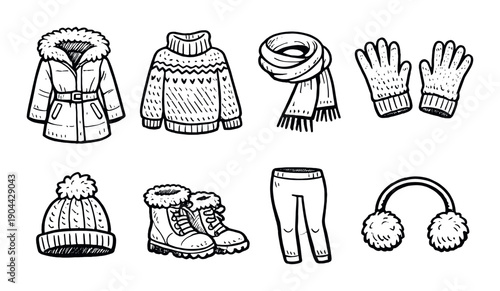 Hand-drawn winter clothing set: coat, sweater, scarf, gloves, hat, boots, leggings, earmuffs