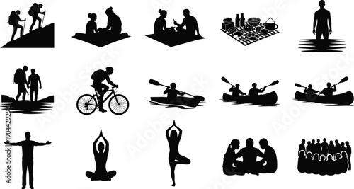 Large Vector Silhouette Collection of People Enjoying Outdoor Activities, Camping, Hiking, Kayaking, Biking, Picnics, and Family Bonding in Nature, flavector