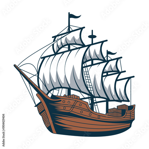 Vintage Sailing Ship Vector Illustration Wooden Galleon