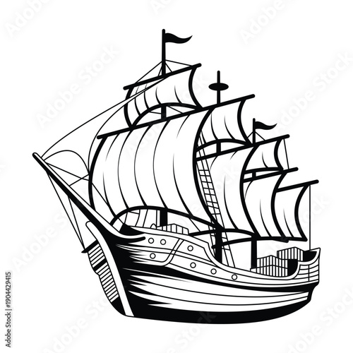 Vintage Sailing Ship Line Art – Classic Tall Ship Black and White Illustration