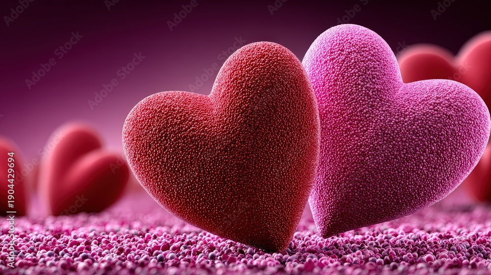 Fototapeta premium Two Romantic Valentine's Day Love Hearts with Pink and Red Texture