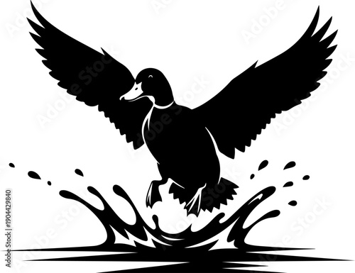 Duck Landing on Water silhouette vector illustration
