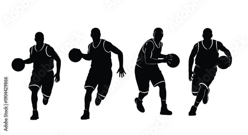 Collection of four dynamic basketball player silhouettes engaged in dribbling and running maneuvers on court