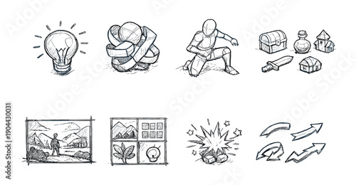 Conceptual art of ideas and actions with lightbulb, knot, mannequin, and icons