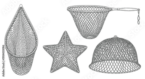 Collection of detailed black and white line art illustrations featuring various types of fishing nets and related items