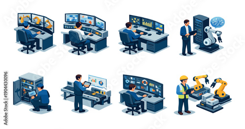 Asian male adults in technology and robotics control room