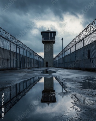Prison Tower Under Dramatic Sky With Reflections on Ground