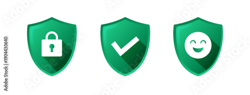 立体的なエメラルドグリーンの盾に南京錠・チェックマーク・スマイルの白抜きアイコンを配した、セキュリティと認証成功を示すガード素材セット