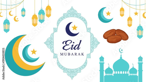 Eid Mubarak celebration with crescent moon, lanterns, and mosque silhouettes in a festive Muslim holiday illustration